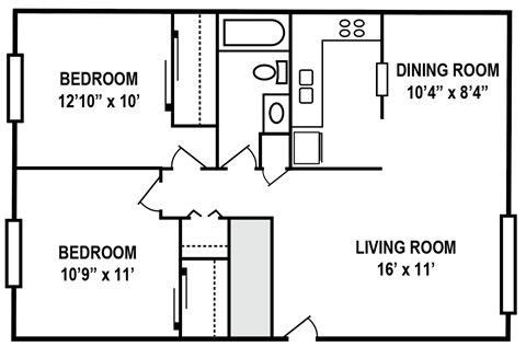 A black and white image of a floor plan for a home with three bedrooms, a dining room, and a living room.